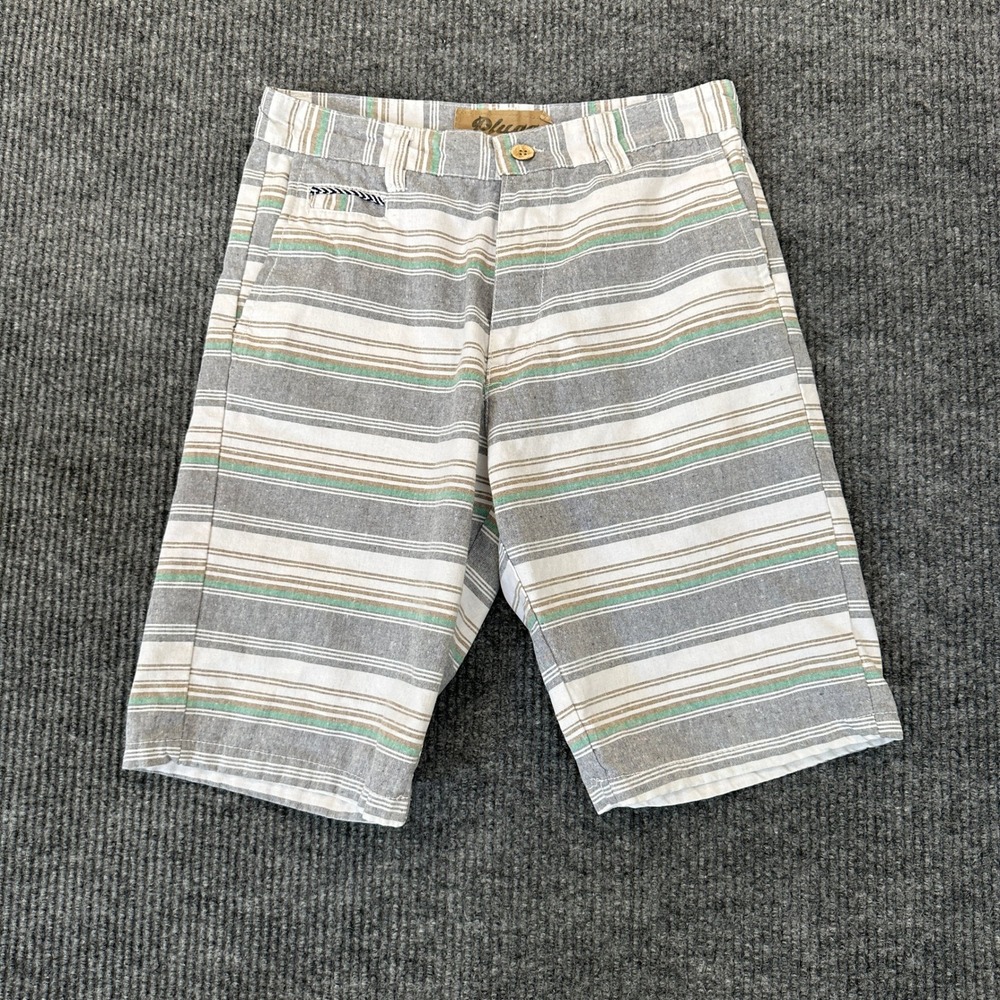 Plugg Mens Striped Flat Front Shorts 29 Gray White Green 100% Cotton